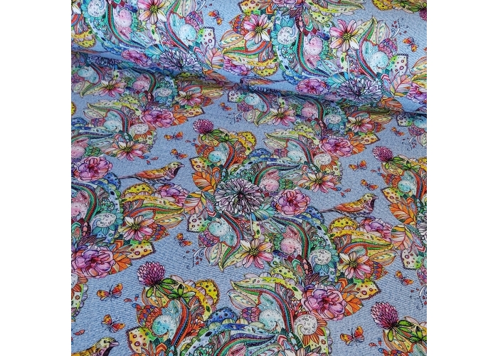 DZIANINA DRESOWA - KWIATY NA JEANSIE - 240g/m²/180cm
